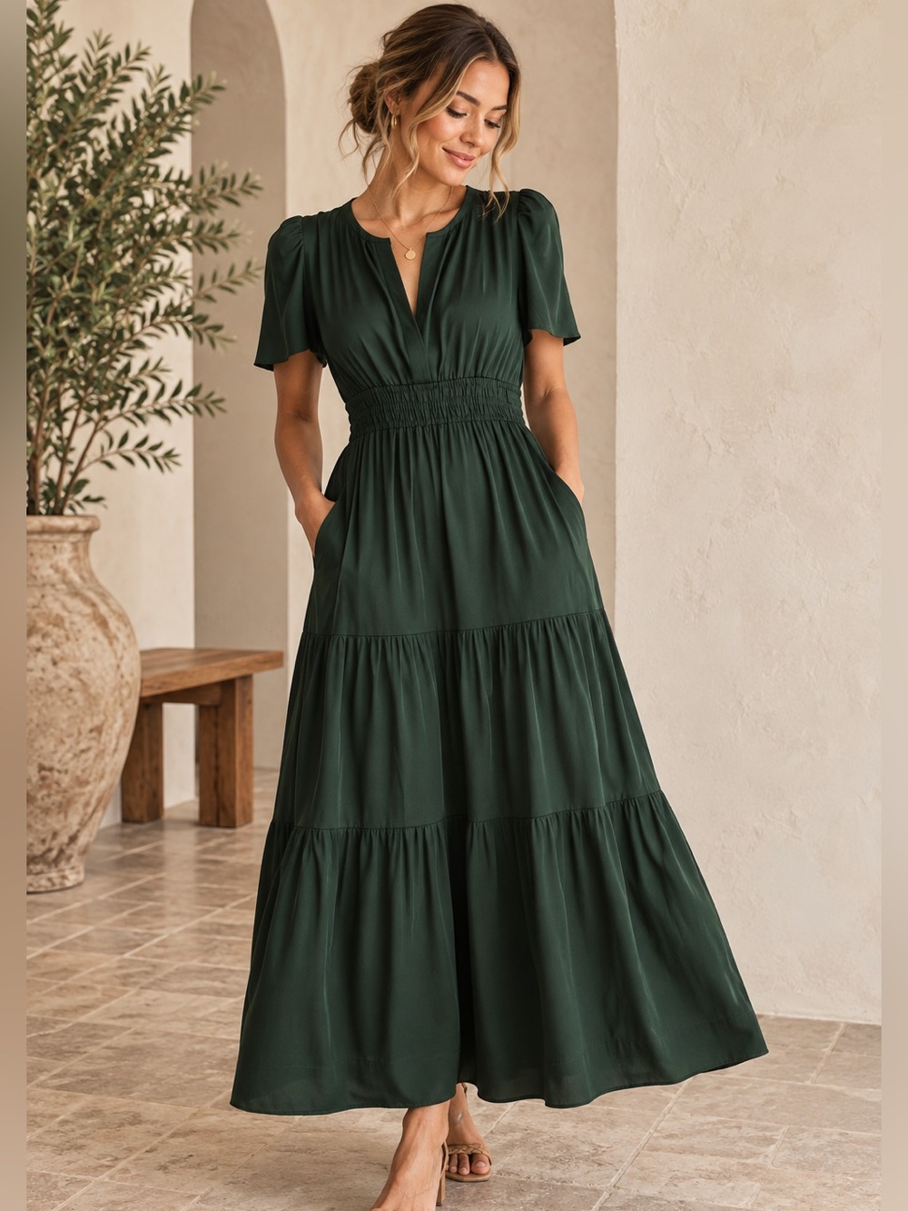 Quince Washable Stretch Silk Tiered Maxi Dress Hunter Green XL Pockets
